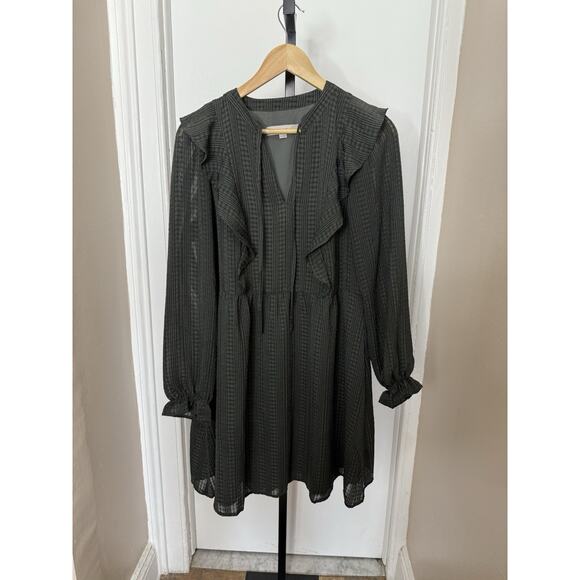 LOFT Women's Green Textured Long Sleeve Ruffle Keyhole Neckline Dress Size M - Picture 1 of 7